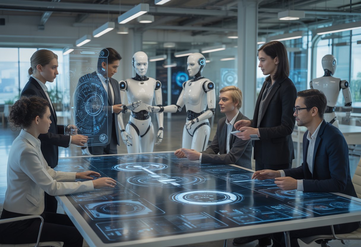 A group of professionals collaborating around a digital touchscreen table with holographic AI interfaces and robots interacting with humans in a modern office.