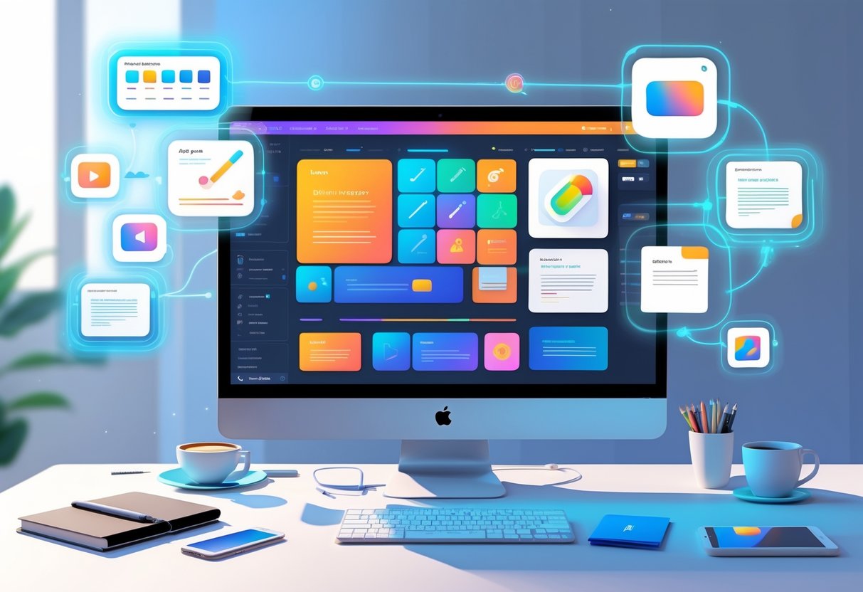 A digital workspace with a computer displaying content creation elements and floating icons representing AI tools, set on a desk with a notebook, coffee cup, and smartphone.