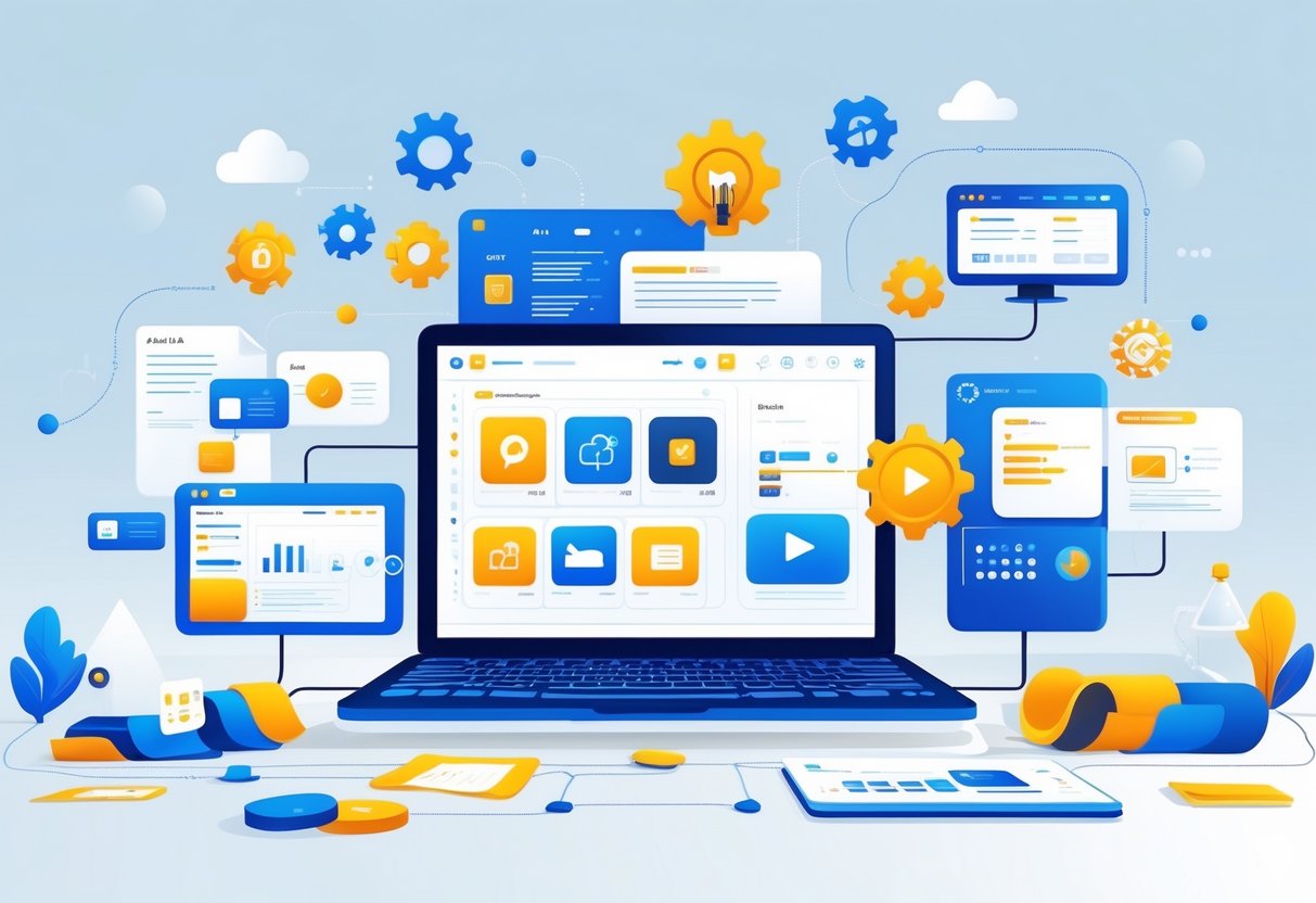 A workspace with a laptop surrounded by icons and symbols representing AI tools creating different types of content like text, images, and videos.