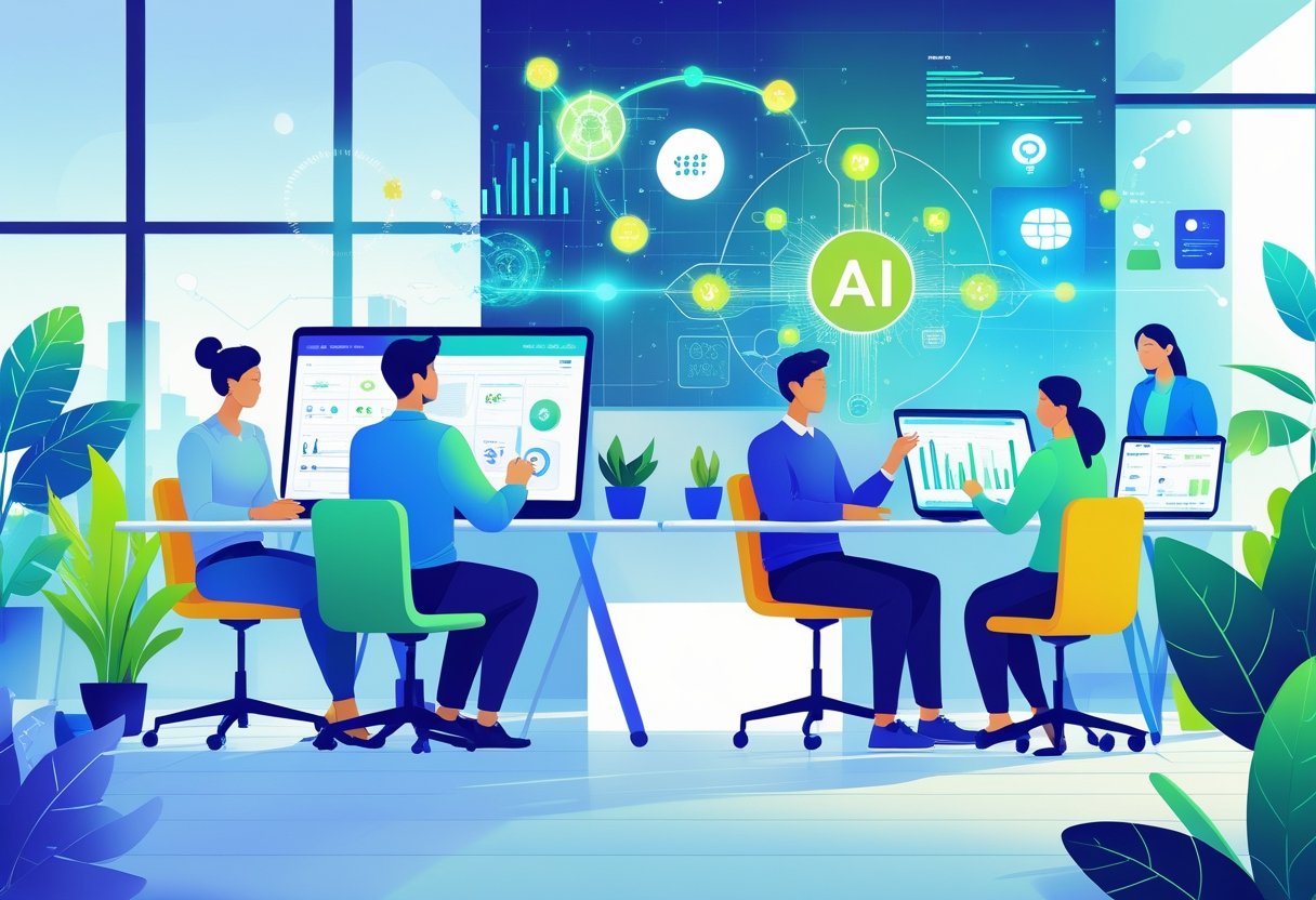 A group of small business owners working together in a bright office using futuristic digital devices with AI technology visuals around them.