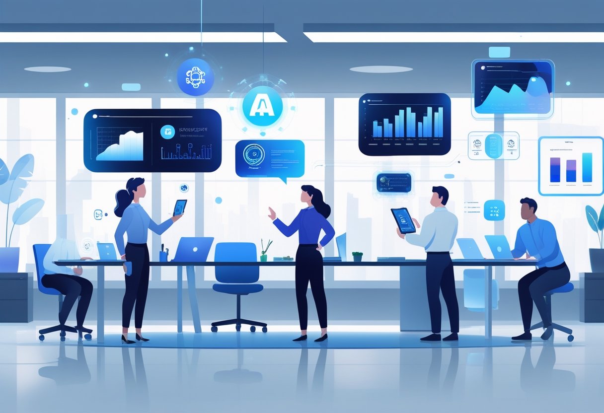 A futuristic small business office with people using AI-powered devices and holographic interfaces to manage tasks and data.